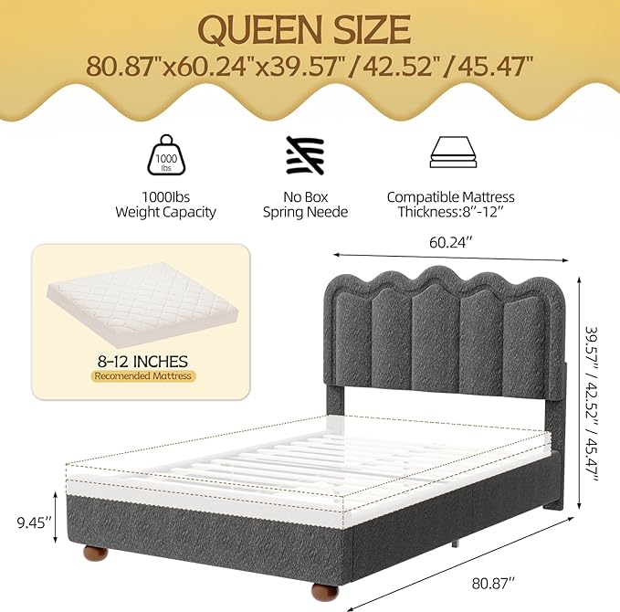 Queen Size Bed Frame with Headboard, Boucle Bed Frame, Soft Upholstered Platform Cloud Bedframe with Footboard, Solid Wood Legs, Solid Wooden Slats Support, No Box Spring Required, Easy Assembly