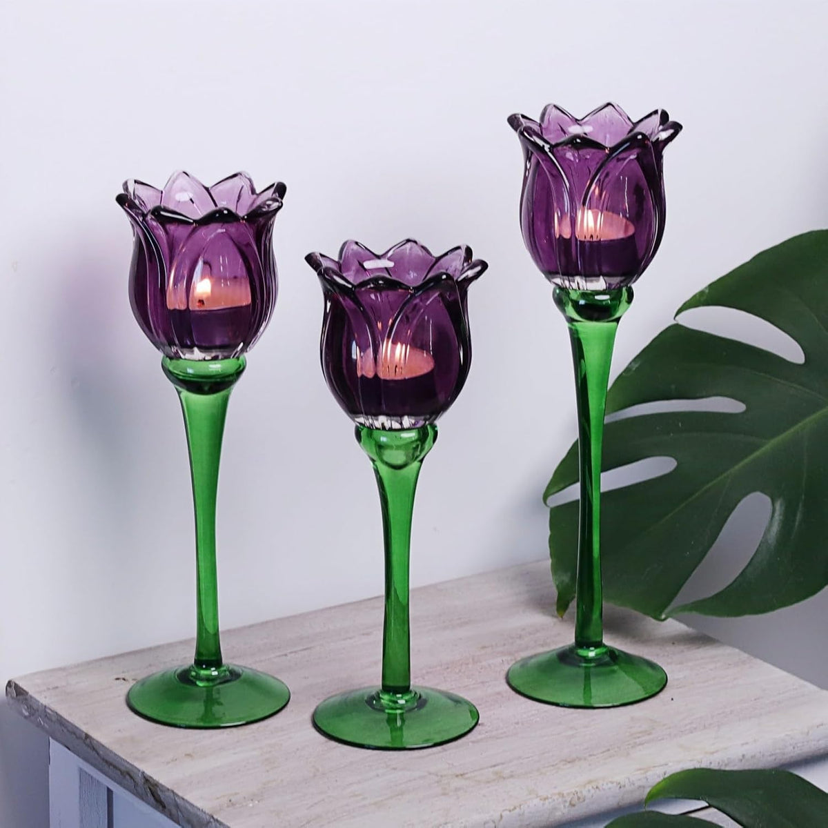 VOHO 6pcs Purple Tulips Candle Holders Gifts for Halloween, Thanksgiving, Easter, Elegant Purple Tealight Candle Holder for Modern Room Decor, Glass Tulip-Like Tea Lights Holder Wedding Holiday Table