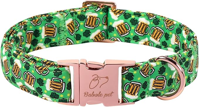 St. Patrick's Day Dog Collar, Beer & Clover Green Dog Collars, Adjustable Heavy Duty Irish Shamrock Pet Collar for Small Medium Large Dogs with Metal Buckle XL