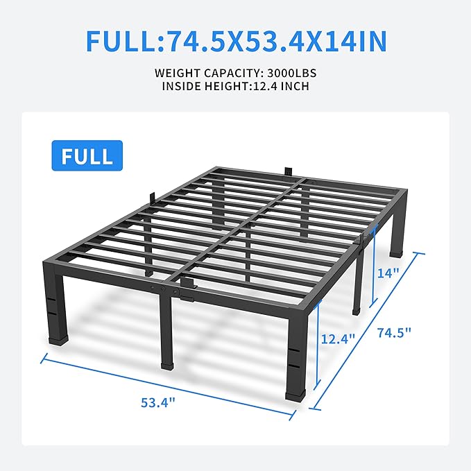 MAF Full Size Bed Frame 14 Inch Heavy Duty Metal Platform BedFrame with Black Steel Slat Support Noise Free Full-Bed-Frame, No Box Spring Needed