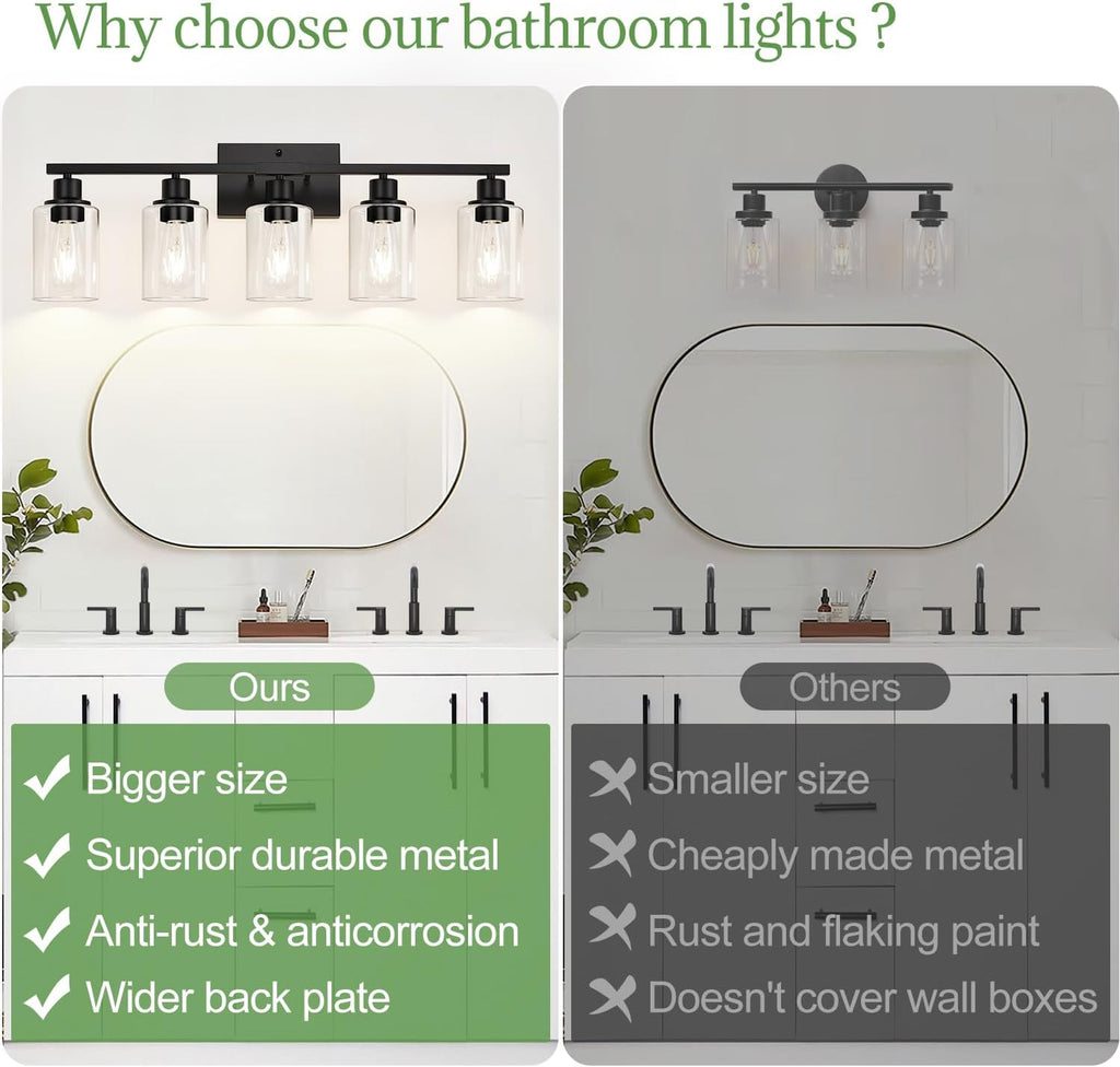 5-Light Bathroom Light Fixtures, Matte Black Modern Vanity Lights with Clear Glass Shades, Bathroom Vanity Light for Mirror Living Room Cabinet Bedroom Porch