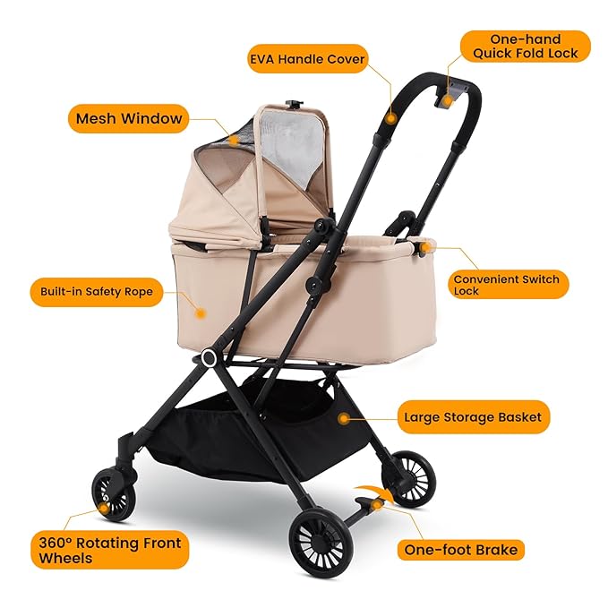 4 Wheels Pet Stroller, One-Step Folding Puppy Cage Jogger Stroller with Sun Cover, Pad and Breathable and Visible Mesh for Small/Medium Pets up to 50 lbs