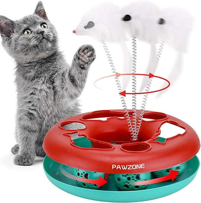 Pawzone Cat Toys, Cat Toys for Indoor Cats,Interactive Kitten Toys Roller Tracks with Catnip Spring Pet Toy with Exercise Balls Teaser Mouse (red)