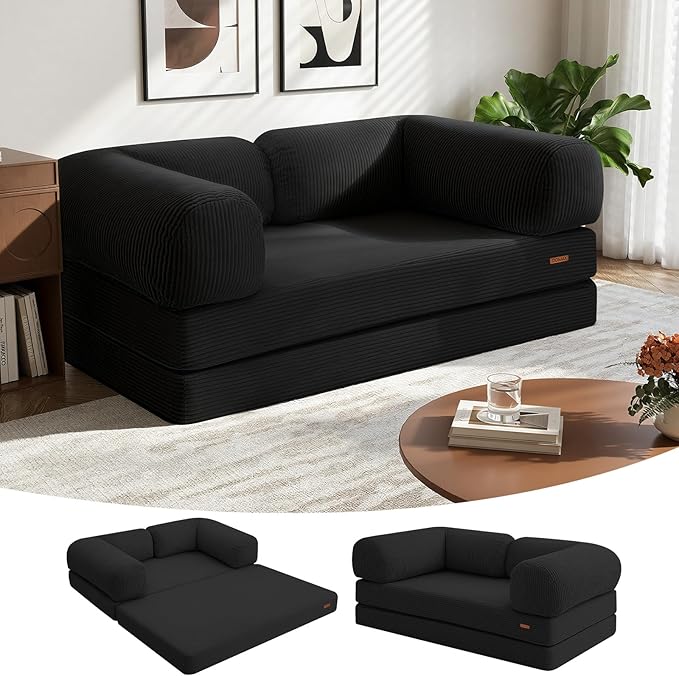 COMAX Folding Sofa Bed Queen 4-in-1 Foldable Floor Couch Convertible Futon Sofa with Armrests Black - Sleeper Mattress Chair Bed Comfy Portable Fold Out Lounge Guest for Living Room Bedroom