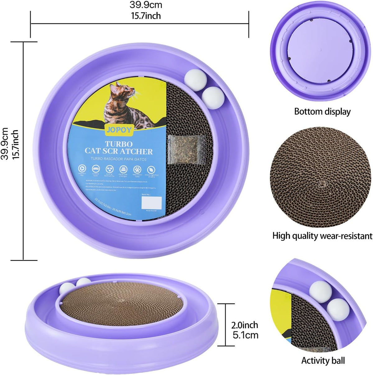 Interactive Cat Scratcher with Two Rotating Balls,Durable Scratch Pad for Indoor Play,Cardboard Cat Scratcher Pad with Cat Toy Ball Track and Catnip,2-in-1 Cat Toy (Purple)