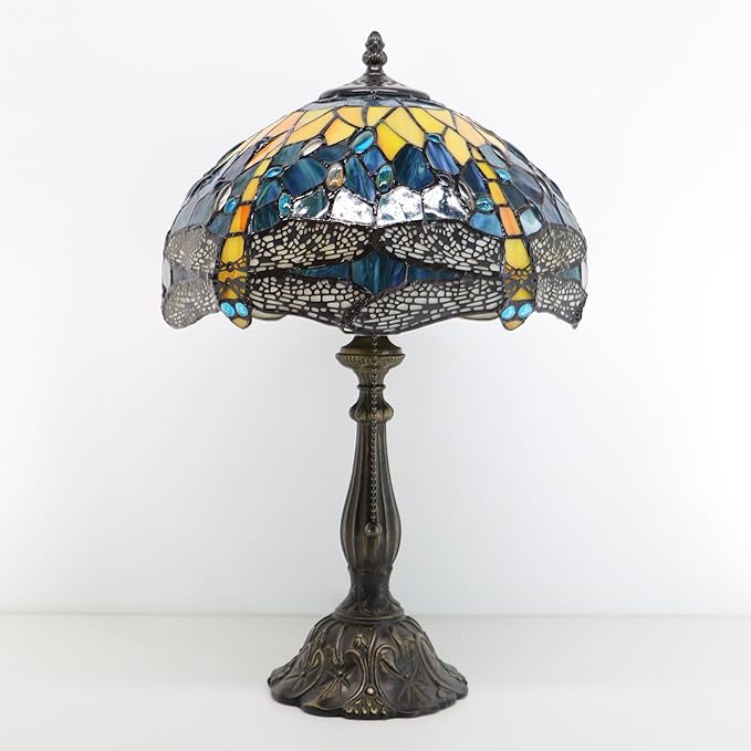 Tiffany Lamps Yellow Dragonfly Style Stained Glass Table Lamp Desk Bedside Reading Light 12X12X18.5 Inches with Bronze Resin Base Applicable to Bedroom Living Room Office
