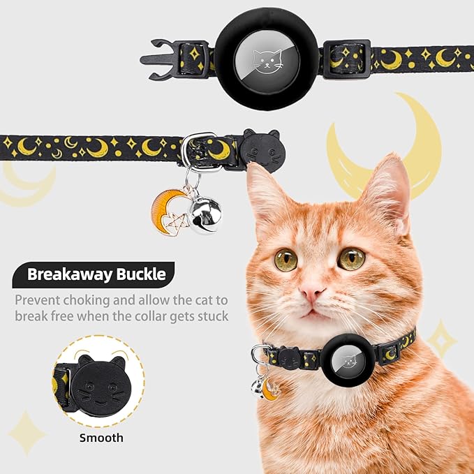 PUPTECK Airtag Cat Collar Breakaway 2 Pack with Bells, Reflective Kitten Collar with Air Tag Holder for Boy Girl Kitty and Puppies, Soft, Black