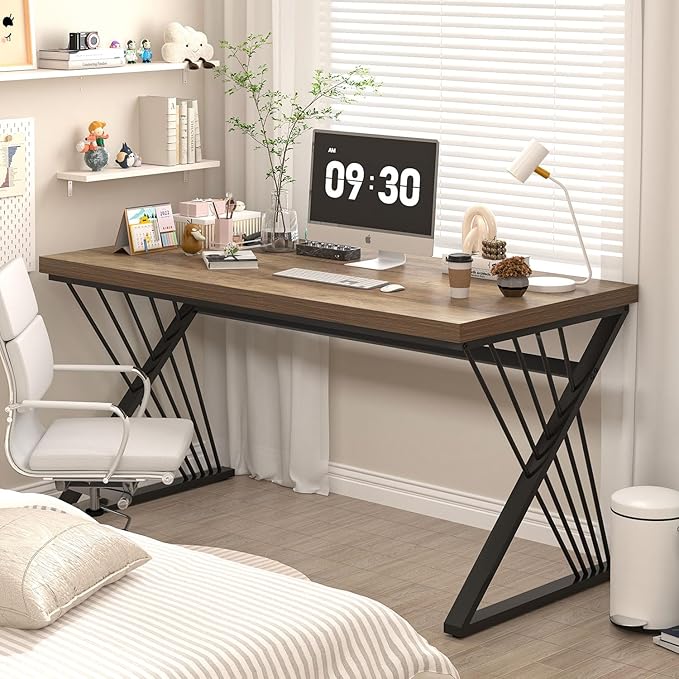 FOLUBAN Computer Desk, Modern Home Office Desk, Industrial Wood and Metal Study Writing Work PC Table for Bedroom Living Room, Rustic Oak, 47 Inch