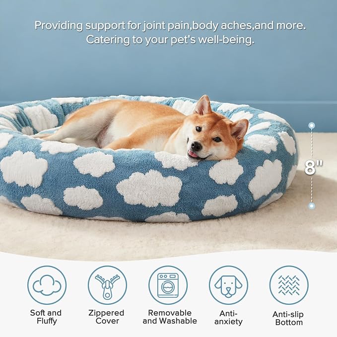 JOEJOY Jacquard Donut Round Small Dog Beds,Blue 23x23x7in, Removable Washable Cover, Cute Pattern, Ultra Soft Fluffy Calming Pet Bed with Thick Supportive Bolster