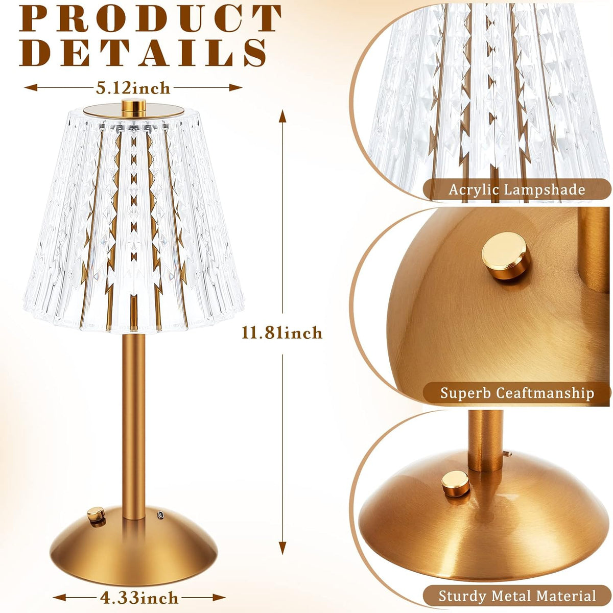 Liliful 1 Pcs LED Portable Cordless Table Lamp Touch Battery Operated Rechargeable Desk Lamp 3 Color Dimmable for Bedroom Living Room Dining (Classic Style,Gold)