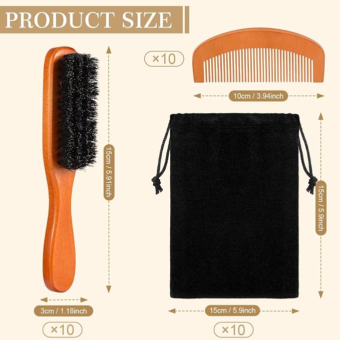 10 Sets Natural Boar Bristle Brush, Pear Wood Dual Sided Wide Tooth Comb with Travel Pouch - Beard Grooming Kit for Men's Beard Care, Valentine Gift (Long Handle)