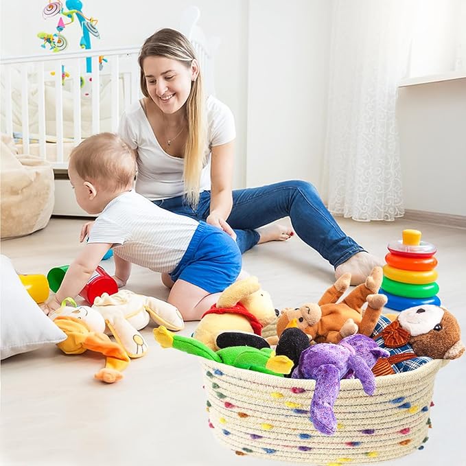 Esme L&H Small Woven Rope Storage Baskets for Organizing, Set of 3 Small Decorative Basket Organizer for Storage, Cute Rainbow Storage baskets, bins, Box for Baby nursery,Toys, Shelves, Closet...