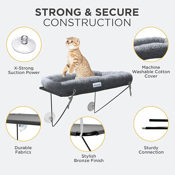 EvolutionUSA Cat Window Perch, Durable Feline Bed, Comfy Perch for 360 Views, Durable Elevated Pet Lounger, Ideal Cat Window Hammock for Large Cats, Heavy Duty, Large Size 24.4x12.6 in