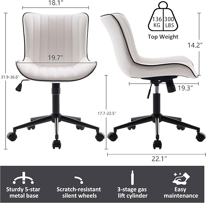 Kidol & Shellder White Leather Home Office Desk Chair with Wheels Modern Cute Armless Executive Swivel Vanity Chair with Comfy Padded Back Ergonomic Rolling Adjustable Computer Task Chair Small