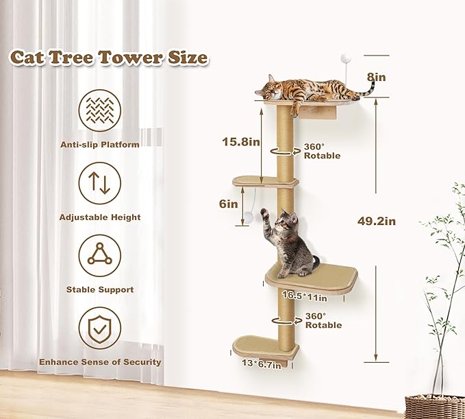 Cat Wall Shelves & Climber for Kittens – 4-Level Wall Mounted Cat Tree with Natural Sisal Pads, Adjustable Tower for Indoor Cats Up to 30lbs, Cat Wall Furniture System