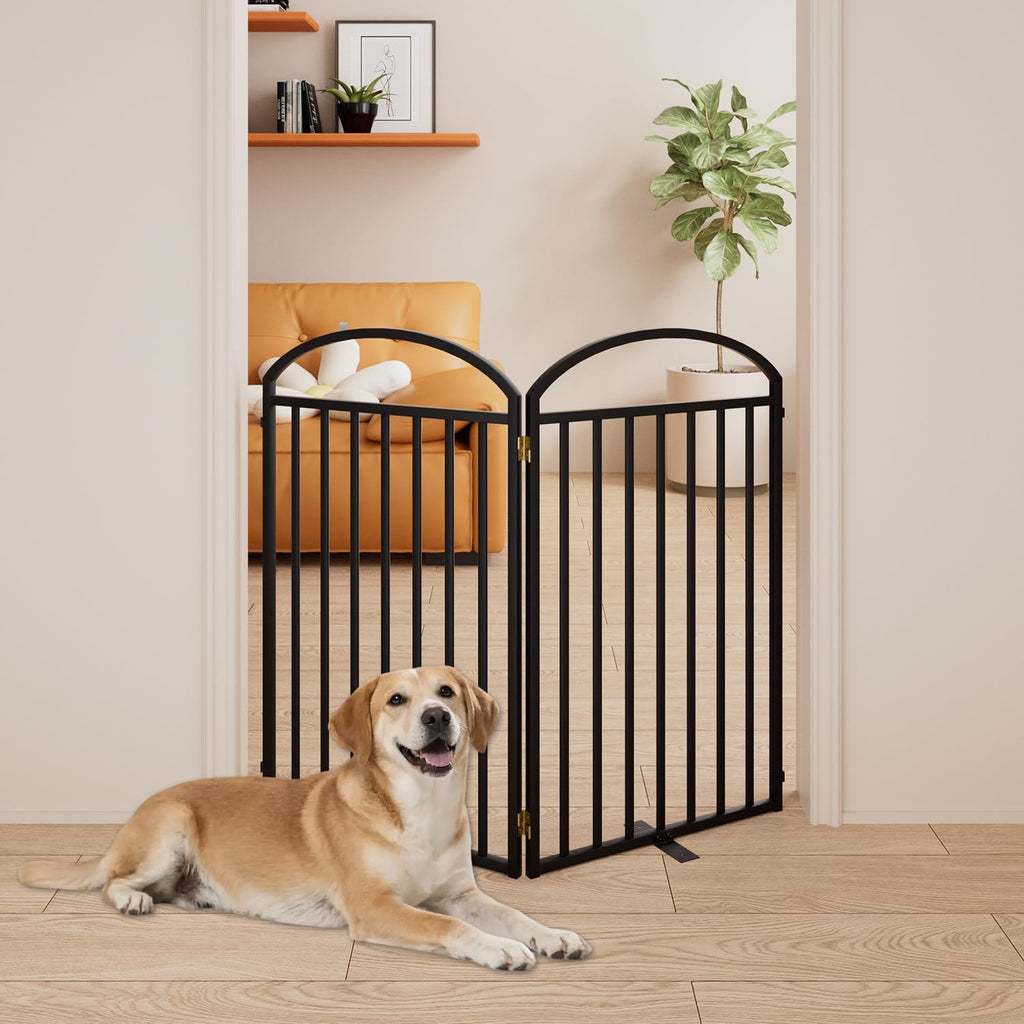 2 Panles Full Matel Freestanding Dog Gates with Door, 48"Extra Wide 36"Tall Free Standing Dog Pet Gate for Indoor & Outdoor. Foldable Pet Fences for Doorways, House, Stairs, Porch, Deck, Yard