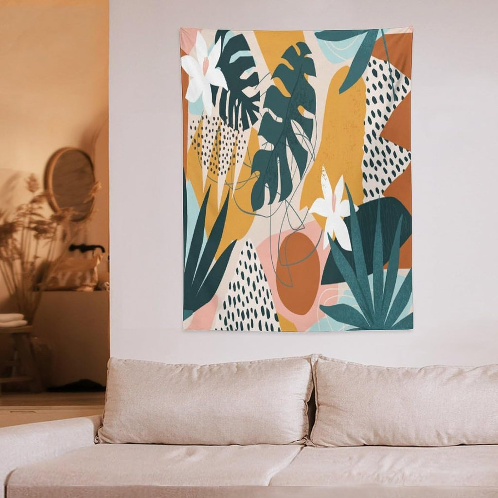 Abstract Bohemian Mid Century Tapestry, Tropical Leaves Modern Geometric Archway Minimalist Bohemian Botanical Aesthetic Wall Hanging, Sage Green Gold Home Decor Art for Bedroom 60x80 Inch