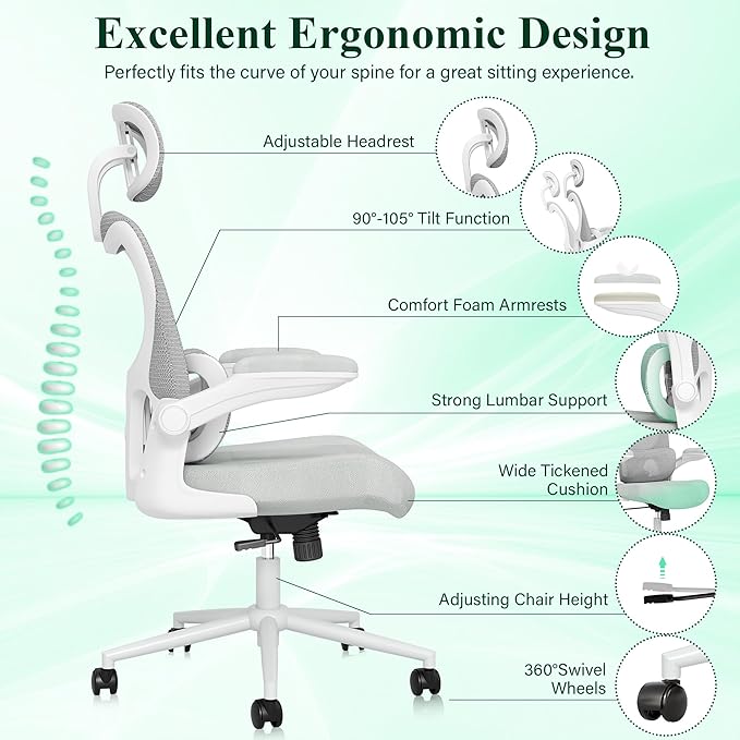 SUNNOW Ergonomic Office Chair, Comfy Mesh Desk Chair, High Back Computer Gaming Chairs with Adjustable Lumbar Support, Flip-Up Arms, Headrest, Tilt Function, Wide Cushion, Swivel Wheel, BIFMA Quality