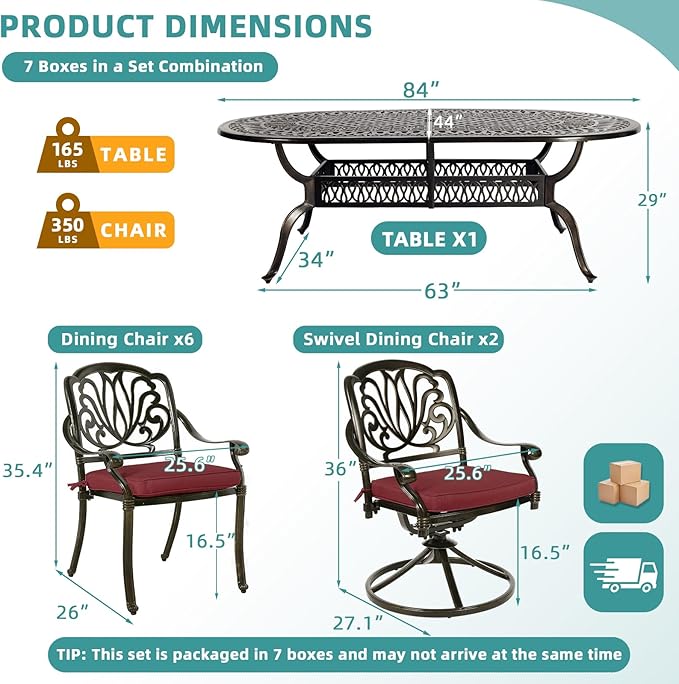 MEETWARM 9-Piece Outdoor Patio Dining Set, All-Weather Cast Aluminum Patio Conversation Set with 2 Swivel Rocker Chairs, 6 Stationary, 1 Oval Table, 8 Cushions, 2" Umbrella Hole, Chili Red