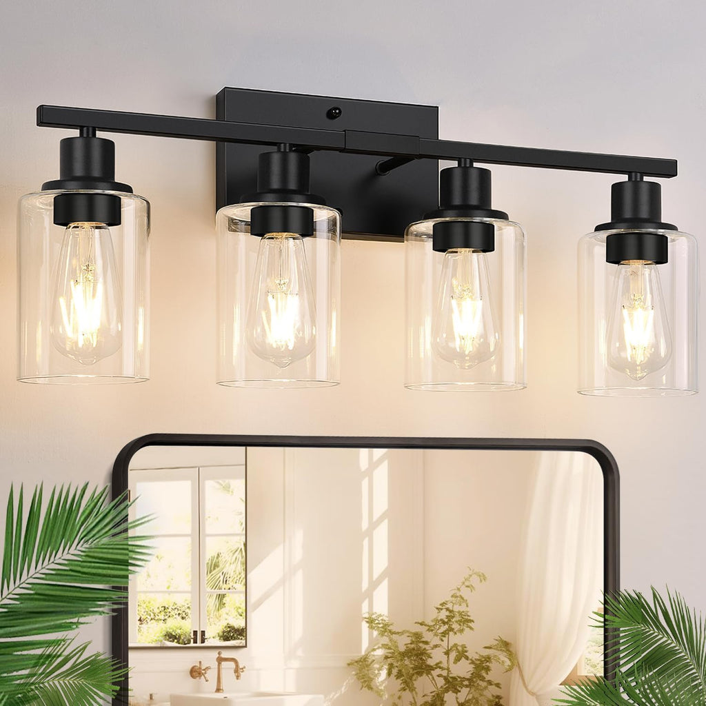 4-Light Bathroom Light Fixtures, Matte Black Modern Vanity Lights with Clear Glass Shades, Bathroom Wall Lamp for Mirror Living Room Cabinet Bedroom Porch