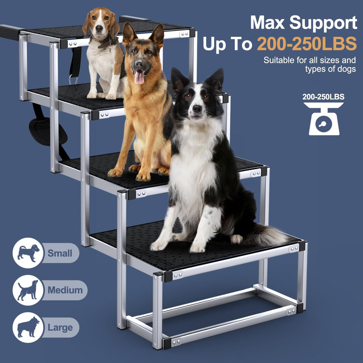 Extra Wide Dog Stairs for Large Dogs, Foldable Dog Ramp for Car with Non-Slip Surface, Dogs Stairs for Cars, High Beds, Truck, Supports up to 250 lbs, 4 Steps