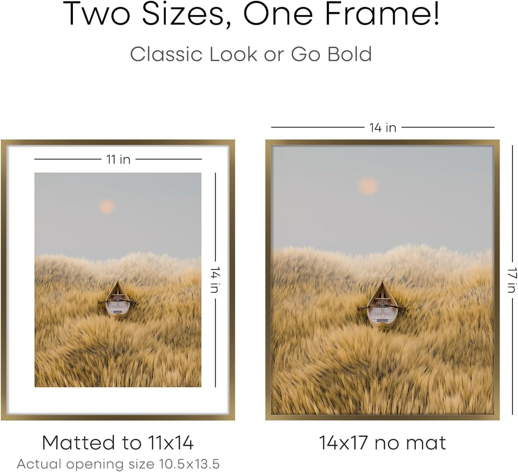 Homeforia 14x17 Picture Frame Bronze, High End Metal 14x17 Brass Poster Frames with Mat 11x14 for Photo, 14 x 17 Frame Matted to 11 by 14 Print, 17x14 Hanging Frame, Tempered Glass, Wall Kit, Set of 1