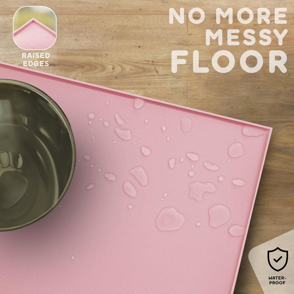 Dog Food Mat - 28x18 Raised Edges Dogs Mat for Food and Water Prevent Spill, Waterproof Cat Food Mats Protect Floors, Easy Clean Dog Bowl Mats for Food and Water, Silicone Pet Feeding Placemats Pink