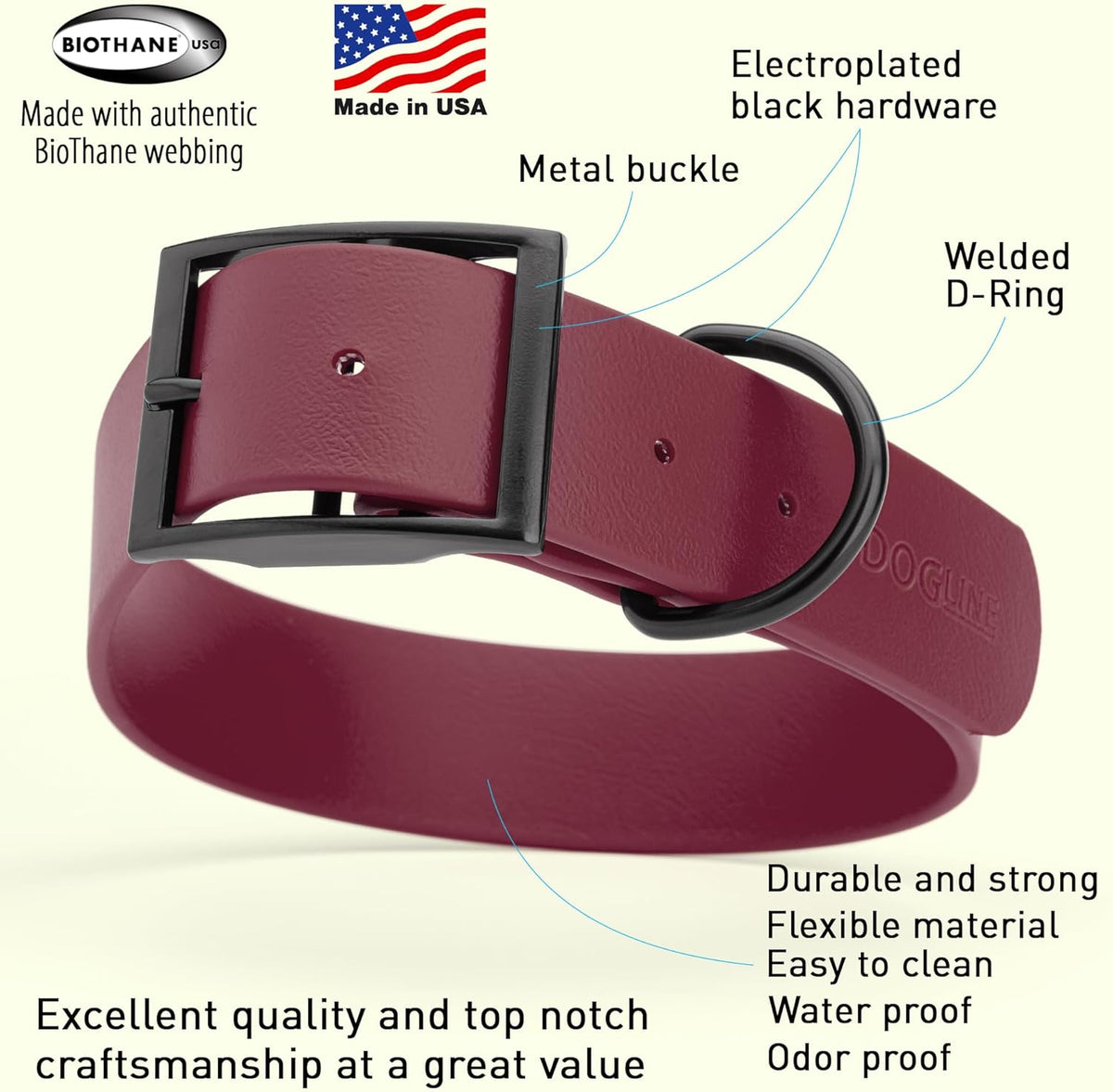 Dogline Biothane Waterproof Dog Collar Strong Coated Nylon Webbing with Black Hardware Odor- Proof for Easy Care Easy to Clean High Performance Fits Small Medium or Large Dogs, Merlot Burgundy