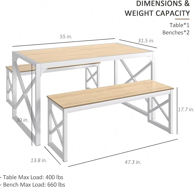 VECELO Kitchen Dining Table Benches Set for 4, 55" Wooden Dinette with 2 Benches, Heavy-Duty Dining Room Table for Small Space, Breakfast Nook, Natural Oak