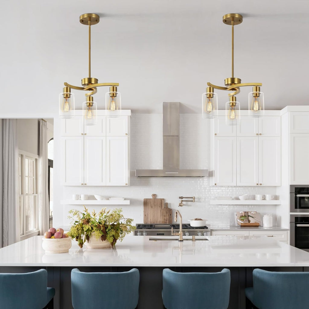 3-Light Gold Dining Room Chandeliers Over Table, Contemporary Kitchen Island Pendant Lighting, Industrial Hanging Light Fixture for Entryway Hallway Foyer Bedroom, Clear Glass Shade