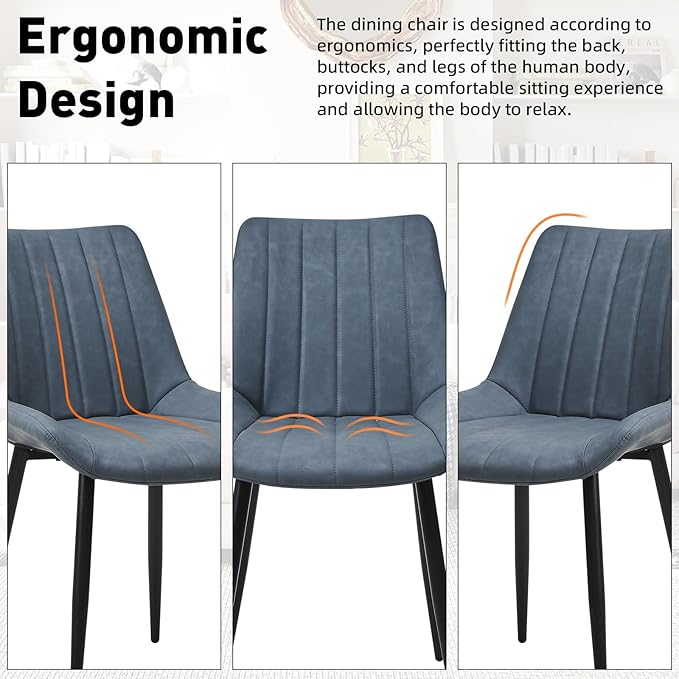 Dining Chairs Set of 4, Faux Leather Modern Linear Design Dining Chair with Metal Legs, 16.9" Seat Width Chair for Kitchen, Lounge, Reception Room, Restaurant, Commercial (Haze Blue)