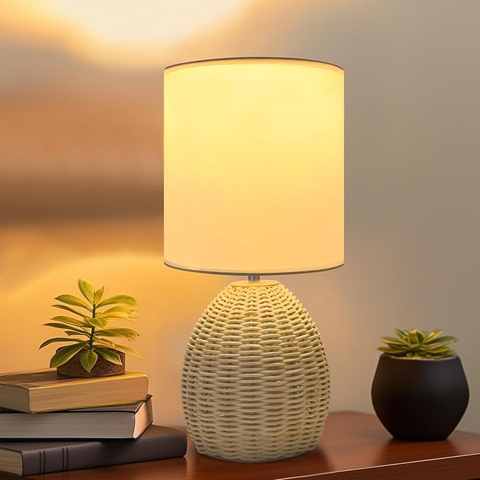 Boho Rattan Table Lamp - 3 Color Temperature, Handwoven Nightstand Lamp for Bedroom & Living Room