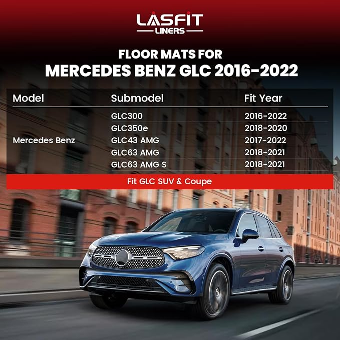 LASFIT Floor Mats for Mercedes Benz GLC 2016-2022, GLC300 / GLC350e / GLC43 AMG / GLC63 AMG / GLC63 AMG S, Custom Fit All Weather TPE Mercedes GLC SUV&Coupe Floor Liners, 1st & 2nd Row Set, Black