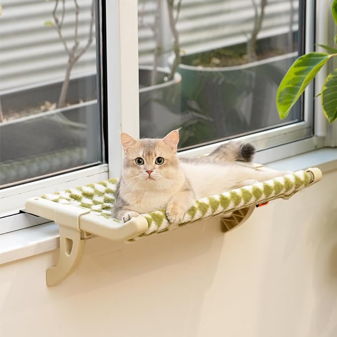 MEWOOFUN Window Sill Perch for Indoor Cats, One-Step Sliding Clamping Slot Adjustment Window Hammock With Removable Covers, Cat Bed for Windowsill & Bedside (Green, Large)