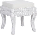 JONATHAN Y VSL1000D Rowan 19.7" Bohemian Designer Woven Rattan/Wood Ottoman Vanity Stool, White Cushion Seat with White Distressed Binded Base, for Living Room, Bedroom, Entryway, Foyer