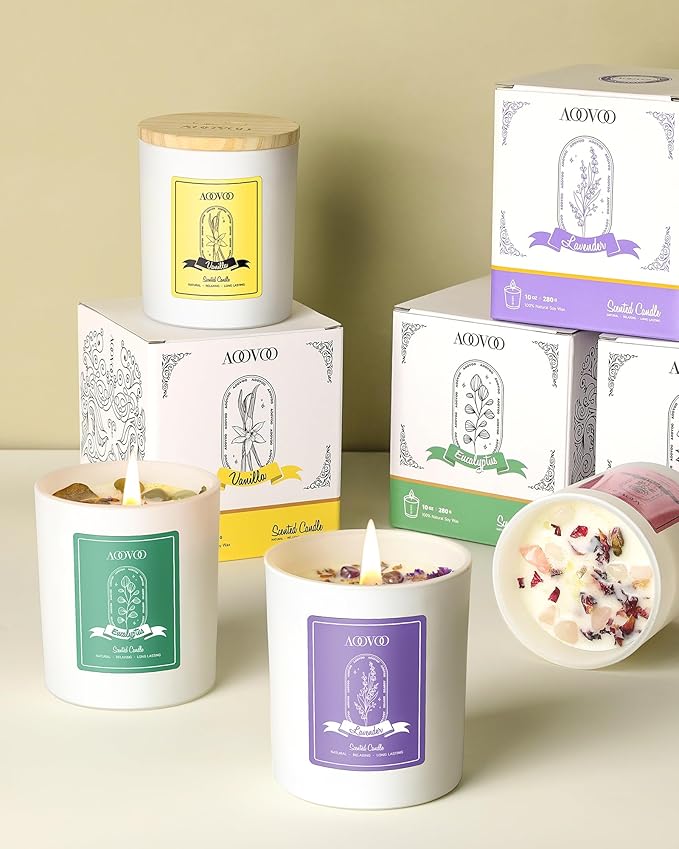 AOOVOO Lavender Scented Candles for Women - Aromatherapy Candle with Crystals Inside, 10oz Soy Candles for Home Scented, Birthday Gifts Christmas Candle for Women Mom