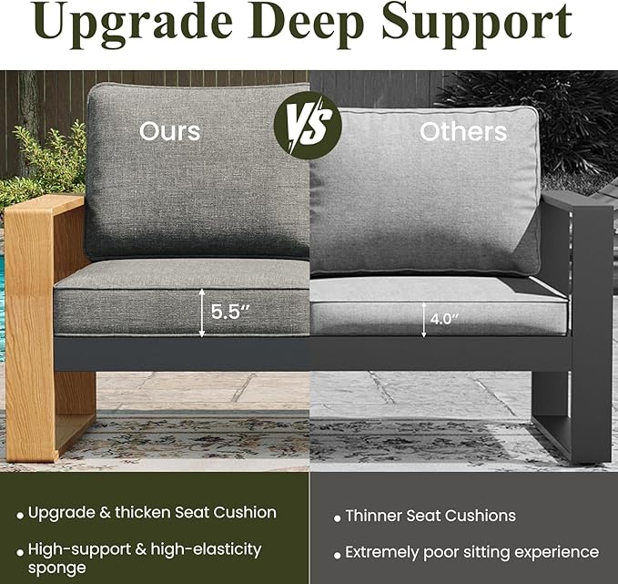 LayinSun 4 Pieces Aluminum Patio Furniture Set with Fire Pit Table, Oversized Seat with Hight Back, Outdoor Conversation Sets for Porch, Balcony, Deck