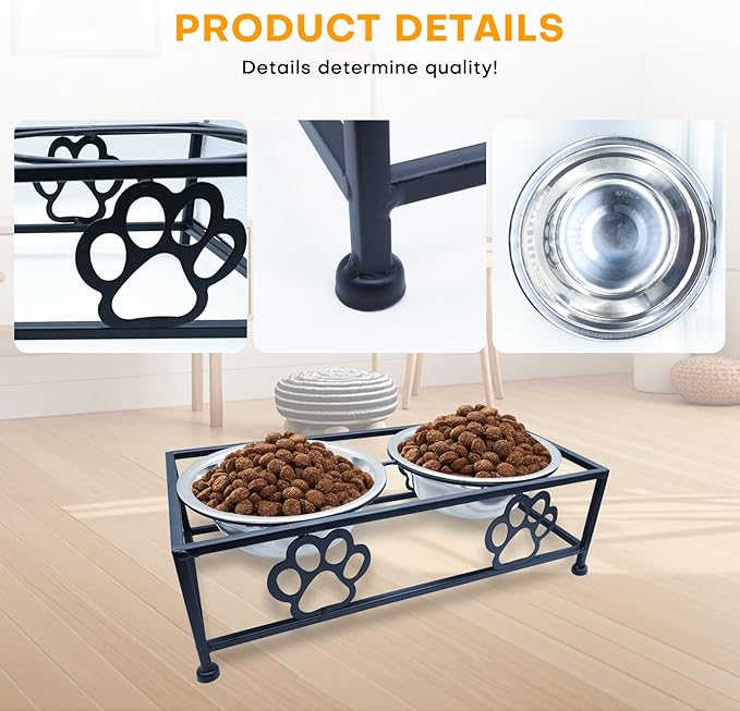 Elevated Dog & Cat Bowls with Stand – Raised Pet Feeder for Small Dogs & Cats, Stainless Steel Dog Food Bowls Elevated, Cat Food Bowl Stand, Elevated Cat Feeding Station (Black)