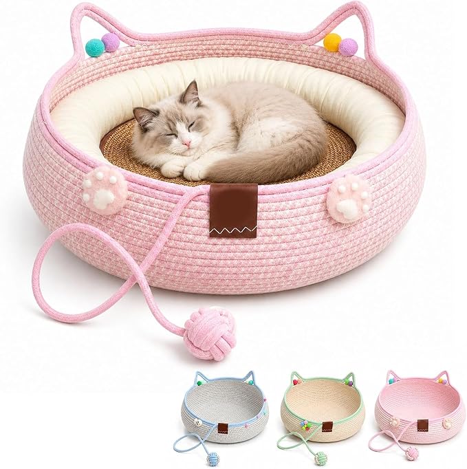 Handwoven Cotton Rope Cat Basket Bed with Hanging Ball Toy (Pink, Small) | cat bed, woven cat basket, kitten bed, small dog bed, cat toy ball, all season pet bed, washable cat cushion
