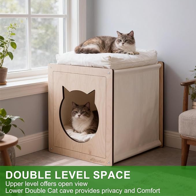Cat House for Indoor Cats,Wooden Large Cat Bed Cave with 2 Soft Cushion,Warm Cozy Pet Hideaway for Kittens & Big Cats,17.7"x16.9"x19.68" Natural