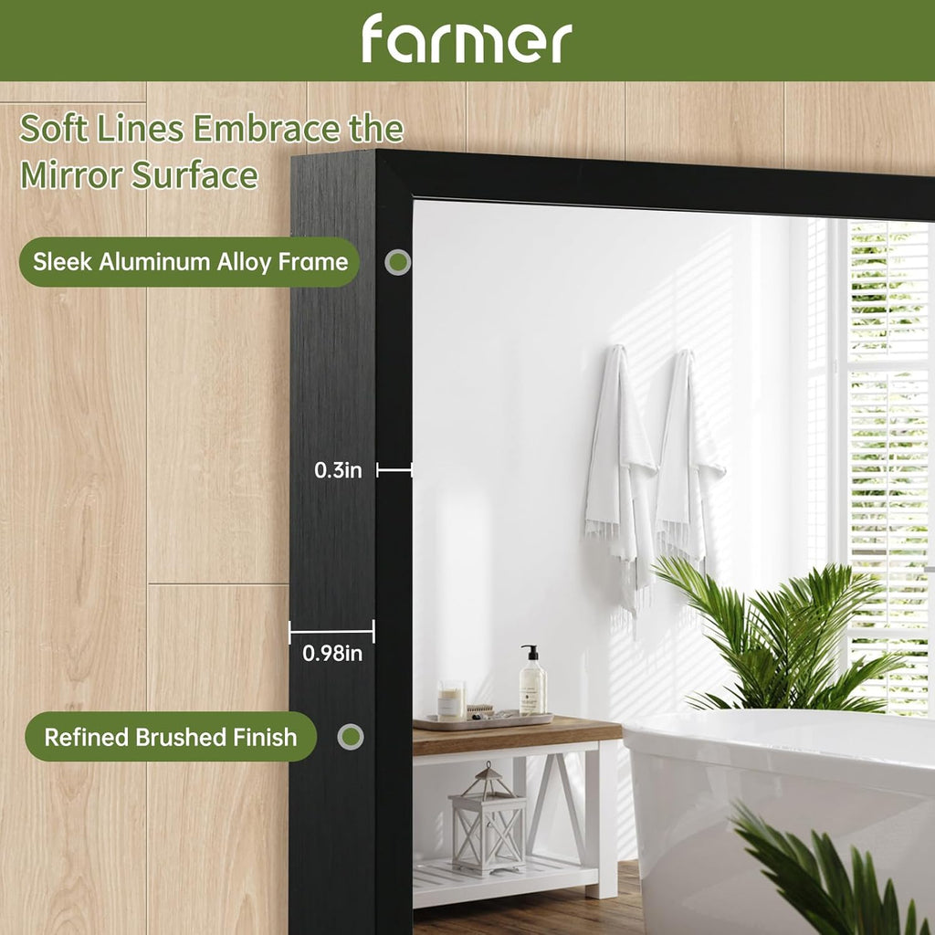 FARMER 24x32 Inch Black Bathroom Mirror, Rectangle Wall Mounted Mirror, Vanity Mirror, Brushed Square Mirror, Framed Bathroom Mirror for Bedrooms, Entryways, Living Rooms, Horizontal/Vertical