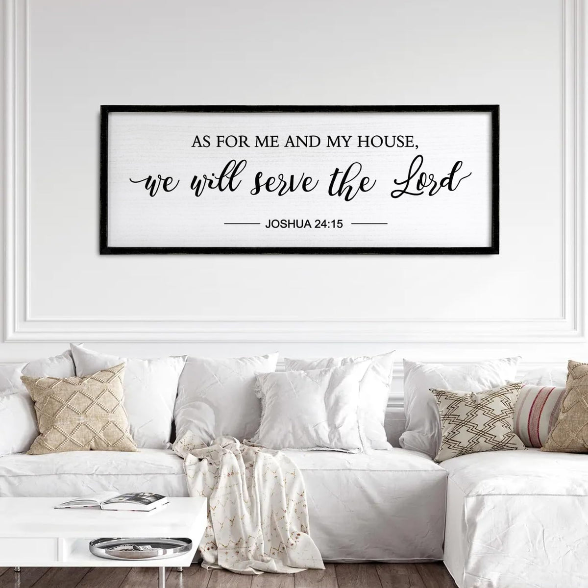As for Me and My House We Will Serve the Lord Wall Decor - 40" x 15" Large Rustic Family Living Room Wood Framed Home Sign Joshua 24 15 Christian Bible Verse Plaque Hanging Wall Art(Black)