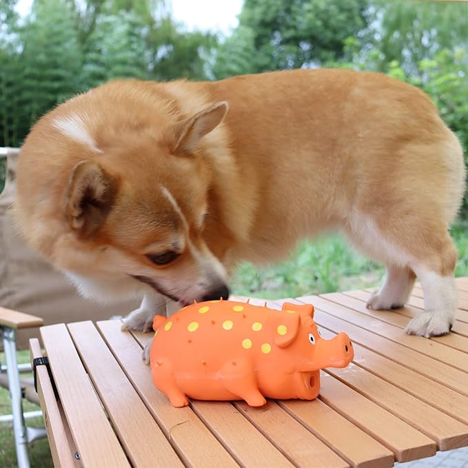 Pig Squeaky Dog Toy, 2 PCS Interactive Rubber Dog Chew Toy - Durable Latex Spot Grunting Pig Toys That Oink for Small Medium Large Dogs (Orange, Yellow)