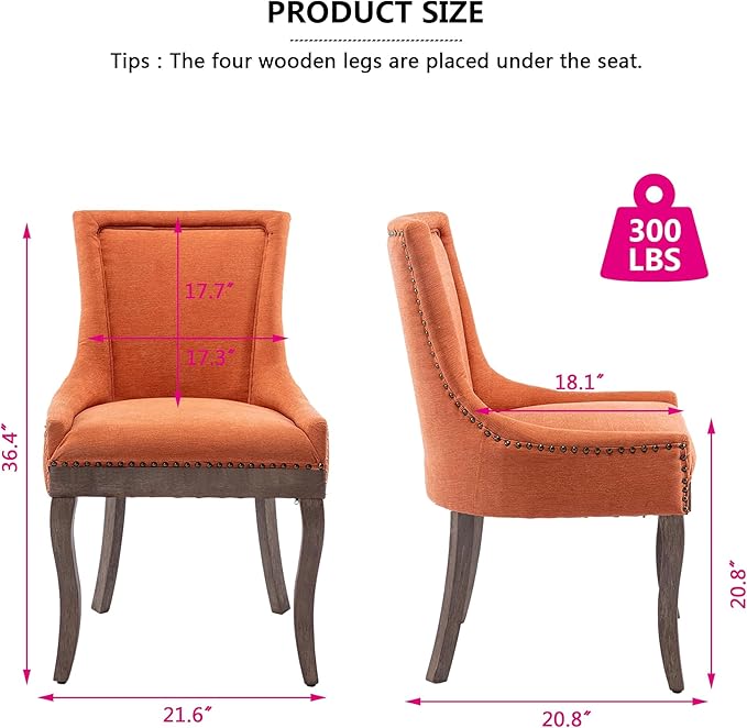 Farmhouse Dining Chairs Set of 2, Upholstered Fabric Dining Room Accent Chairs with Wood Legs & Bronze Nailhead, High Wingback Kitchen Chairs for Living Room Hotel Apartment, Orange