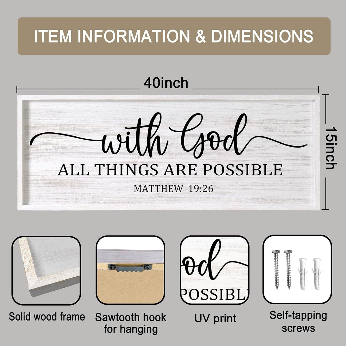 With God All Things are Possible Framed Wall Art, 40''×15'' White Holy Religious Rustic Bible Verse for Christian God Jesus Christ Prayer, Positive Horizontal Inspirational Catholic Scripture Decor