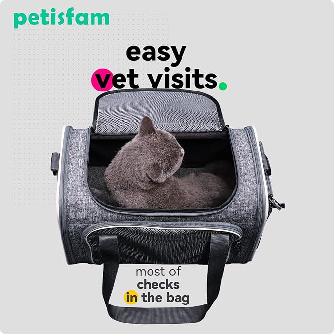 petisfam Top Load Cat Carrier Bag for Medium Cats and Small Dogs. Airline Approved, Collapsible, Escape Proof and Auto-Safe. Easy to get cat in and Make Vet Visit Less Stressful