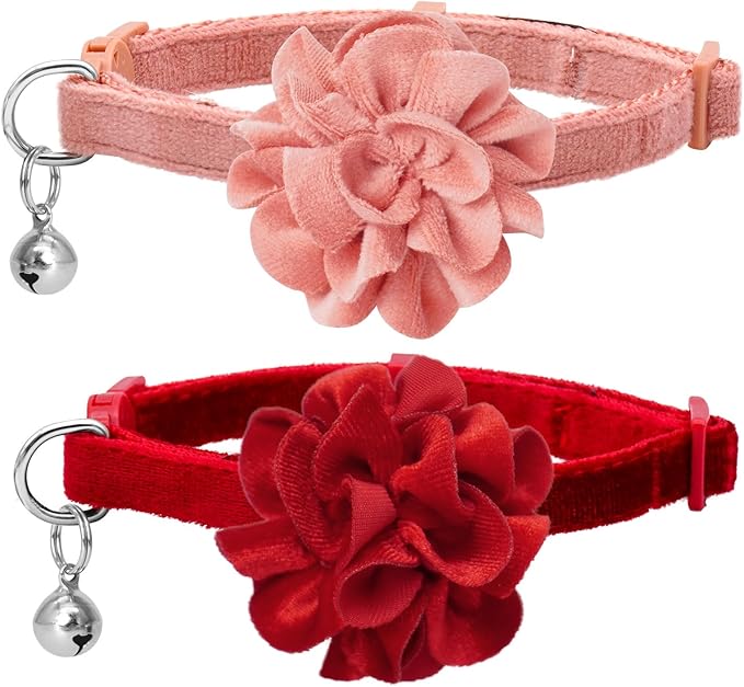 azuza 2 Pack Cat Collar Floral with Bell and Removable Flower Bowtie Breakaway Adjustable Velvet Fabric Cat Collar for Pets and Daily Decoration，Wine Red & Rose Pink