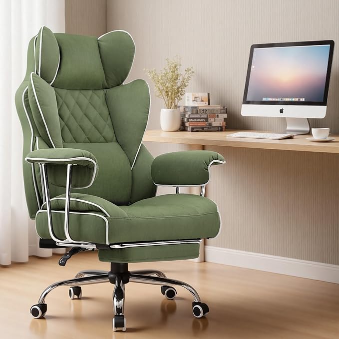 COMHOMA Big and Tall Gaming Chair with Pocket Spring Lumbar Support, Ergonomic Office Chair with Footrest, Executive Desk Chair with Outward Fixed Soft Armrests, Computer Chair with High Back, Green