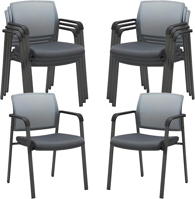 CLATINA Mesh Back Stacking Arm Chairs with Upholstered Fabric Seat and Ergonomic Lumbar Support for Office School Church Guest Reception Grey (Gray-8 Pack)
