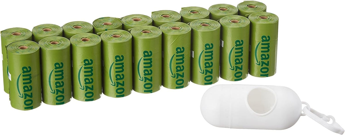 Amazon Basics Dog Poop Bags with Dispenser, 270 Count, Enhanced for Guaranteed Leakproof, Cucumber Scented, Includes Leash Clip